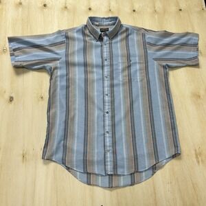 Vintage Oakton Shirt Mens XLT Blue Striped Short Sleeve Button Up USA Casual